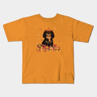 Black and Tan Cavalier in Fall Leave, Cavalier King Charles Spaniel Kids T-Shirt